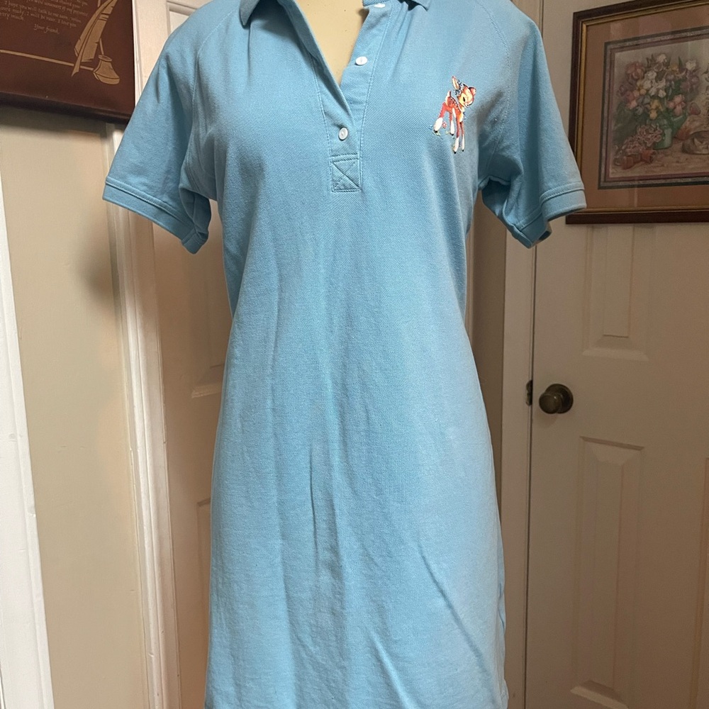 BSR Light Blue Polo Shirt Dress with Embroidered Fawn